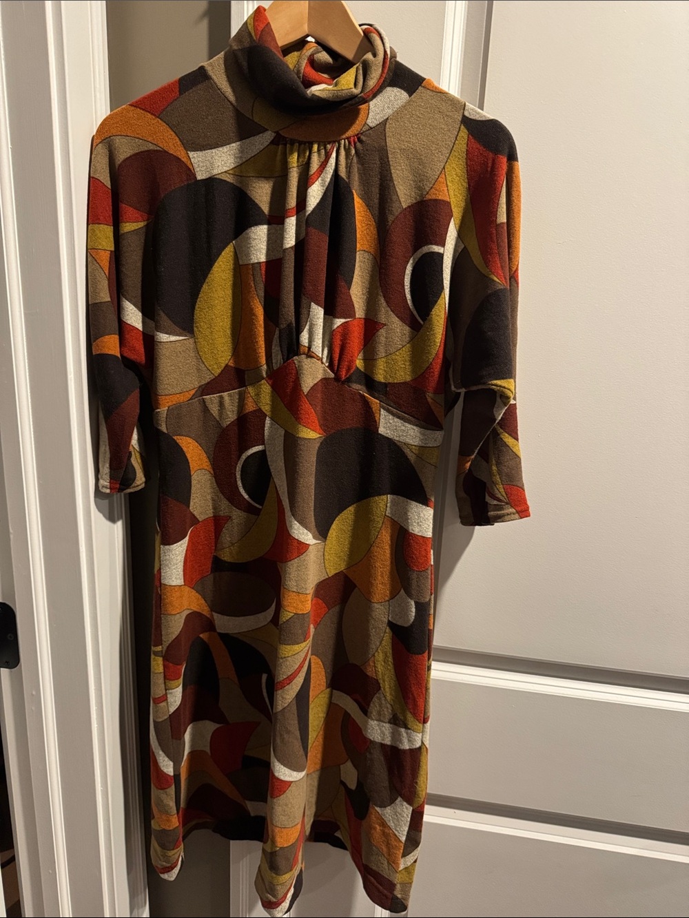 Uncle Frank Retro Abstract Turtleneck Midi Dress in Brown, Tan, Mustard & Rust